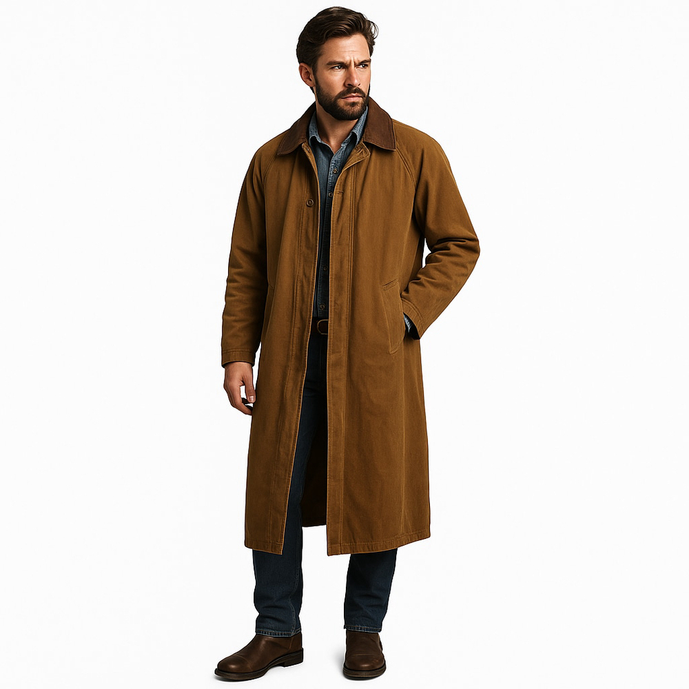 Vintage Brandon Thomas Long Duster Coat Cotton Canvas Faux Leather Collar Unisex